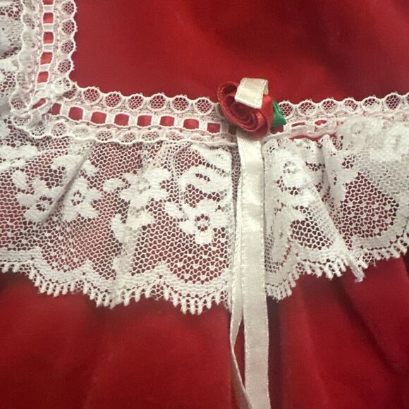 VTG 80s Velvet Bib Holiday Dress Sz 6X Red White Lace Rosette Puff Sleeve Santa - Picture 3 of 15